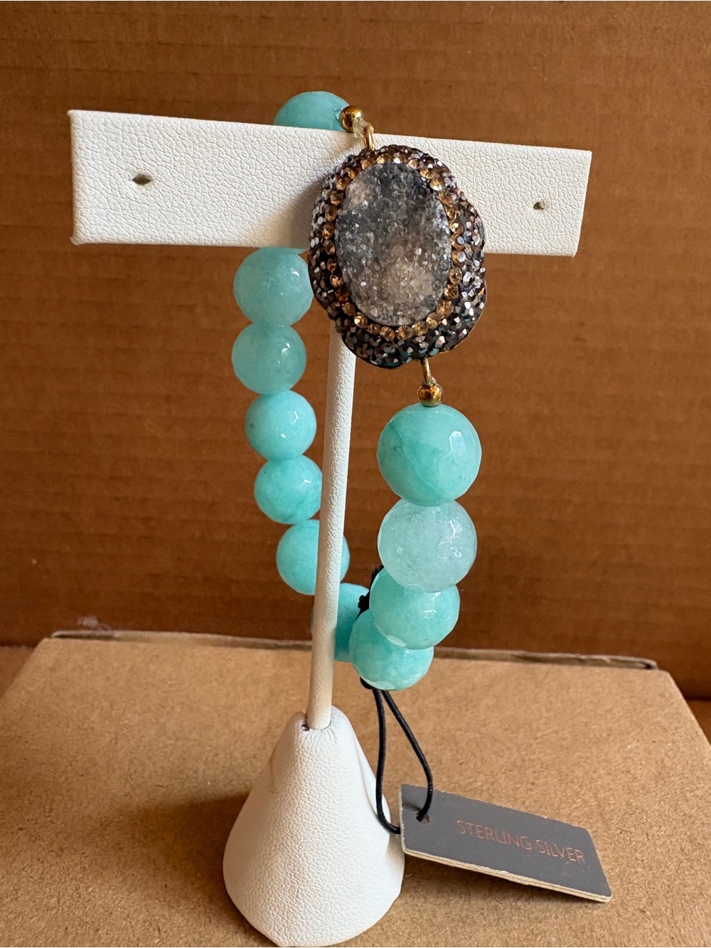 Sterling Silver Aqua Beaded Bracelet with Druzy Accent